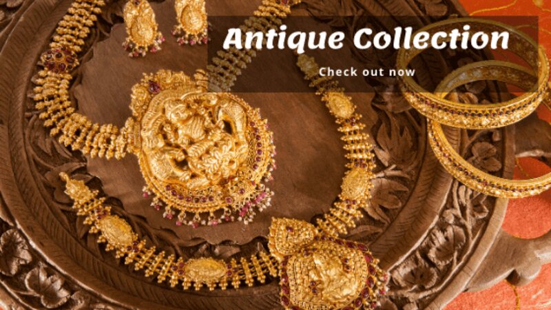 Antique-finish gold haaram with Lakshmi pendant