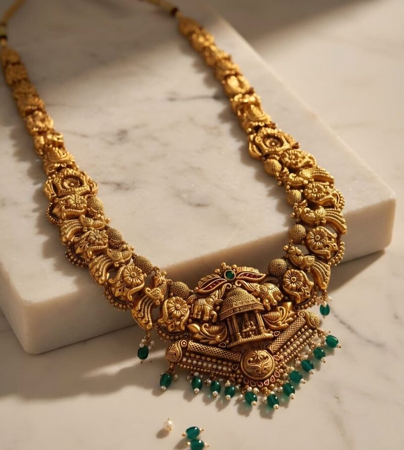 Antique gold haram with temple mandap pendant and emerald beads