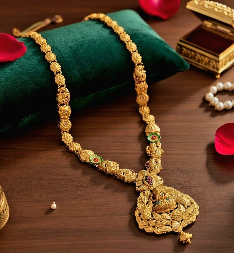 Antique gold long haram with large temple pendant