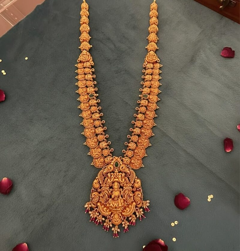 Antique gold mango haram with kemp-set temple pendant