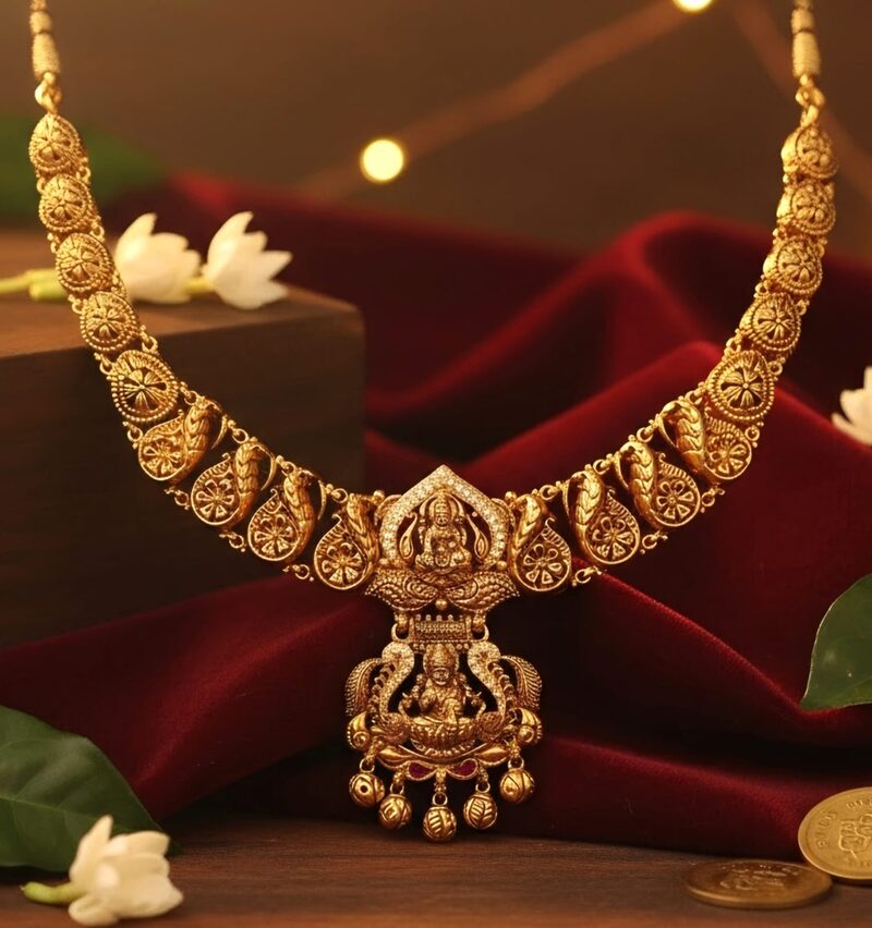 Antique gold mango-motif necklace with Lakshmi pendant