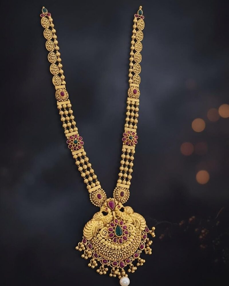 Antique gold multi-strand haram with kemp chandbali pendant