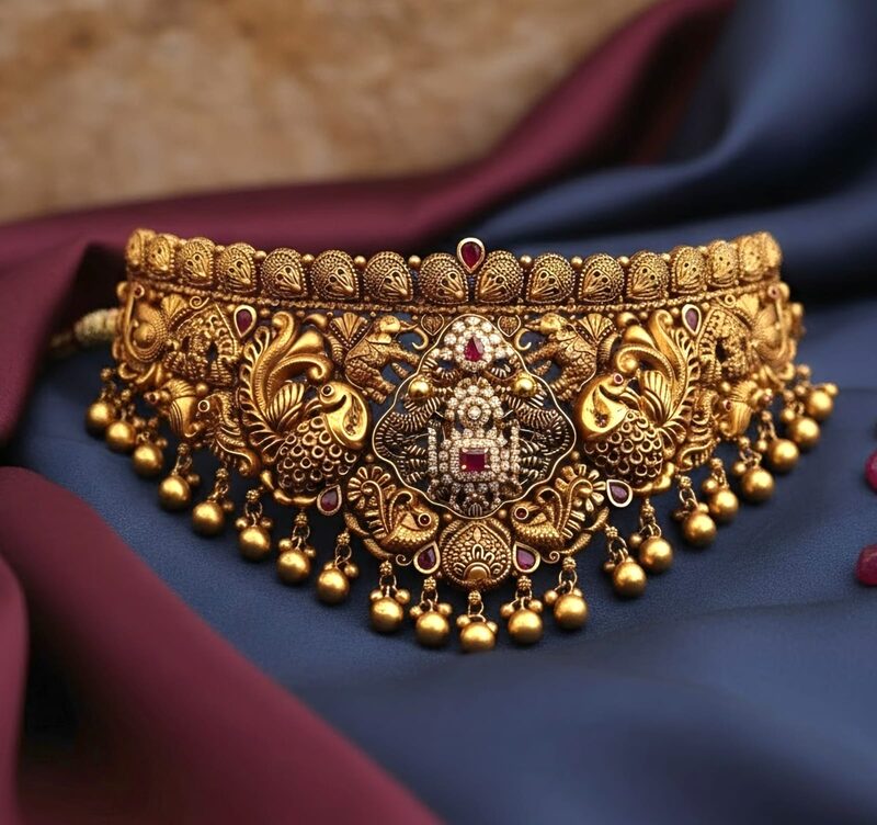 Antique gold peacock choker with kemp stones and bead fringe