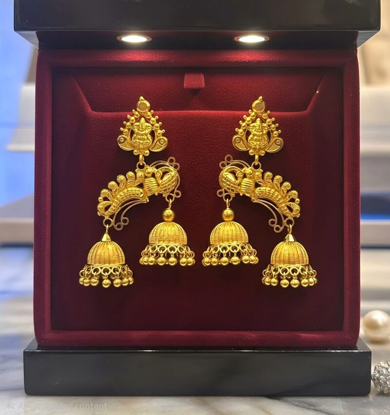 Antique gold peacock earrings with double jhumka drops