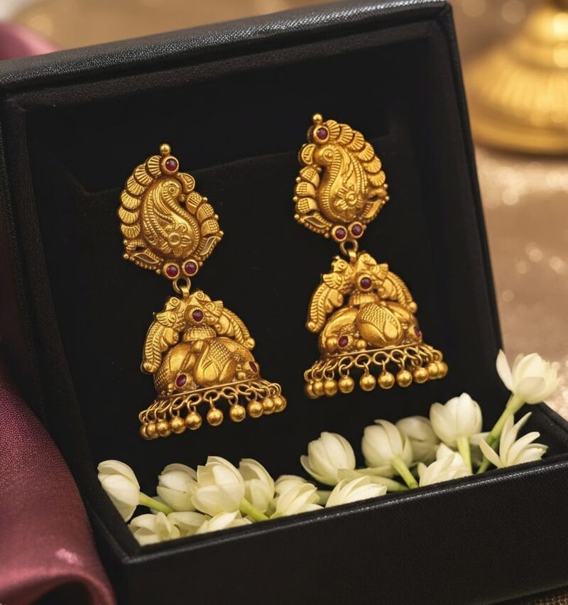 Antique gold peacock jhumka earrings with mango-motif top and kemp stones