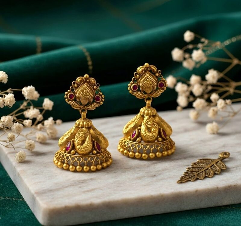 Antique gold temple jhumka earrings with red stones