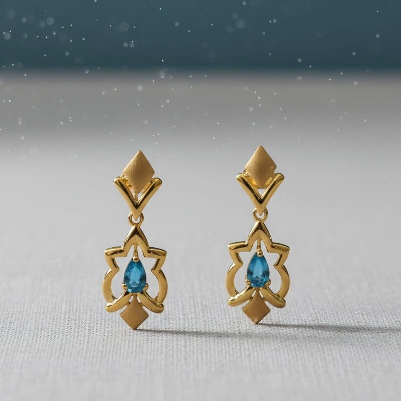 Gold drop earrings with blue topaz stones