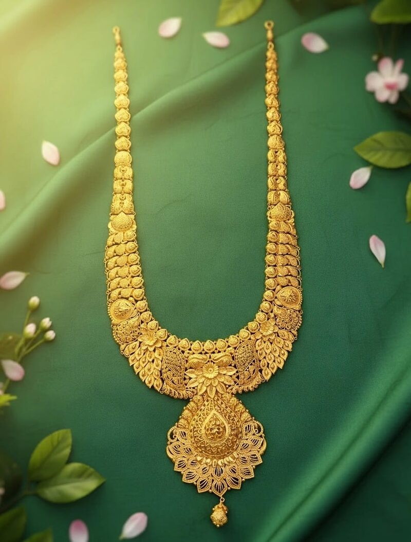 Long gold bridal haram with cascading collar and pendant