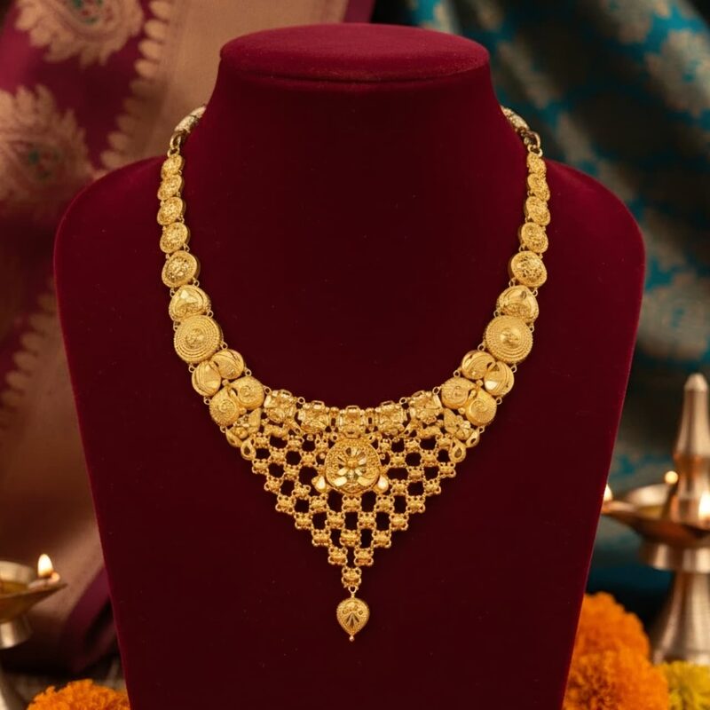 Broad gold bridal necklace with beaded mesh and teardrop
