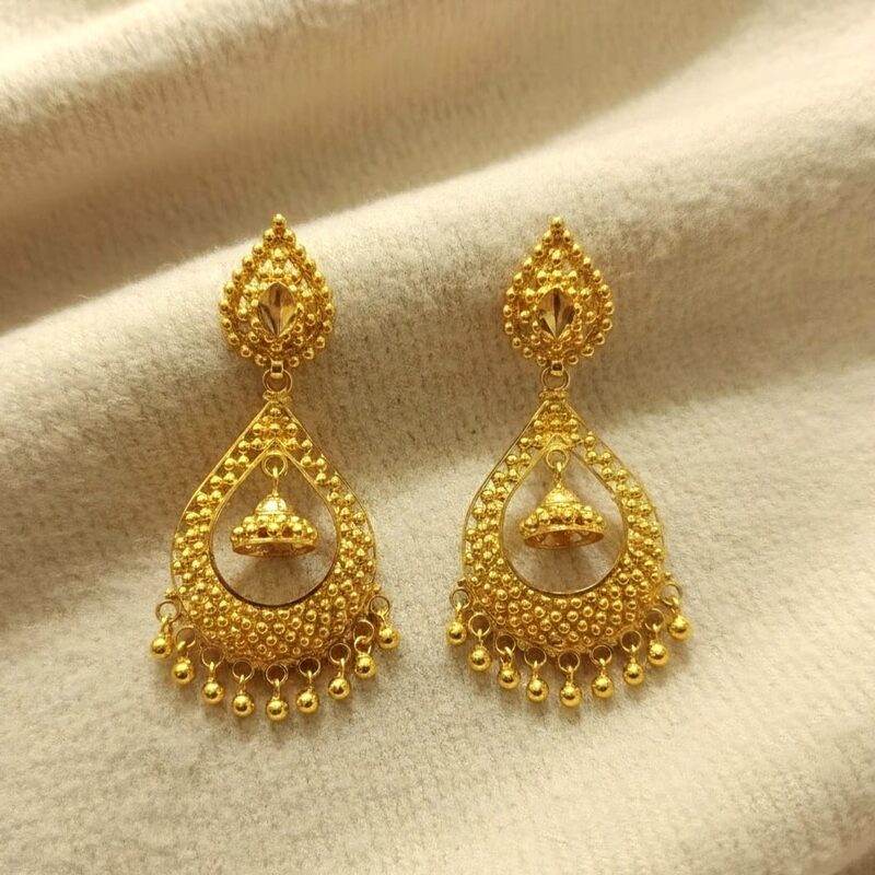 Gold chandbali earrings with jhumka drop and bead fringe