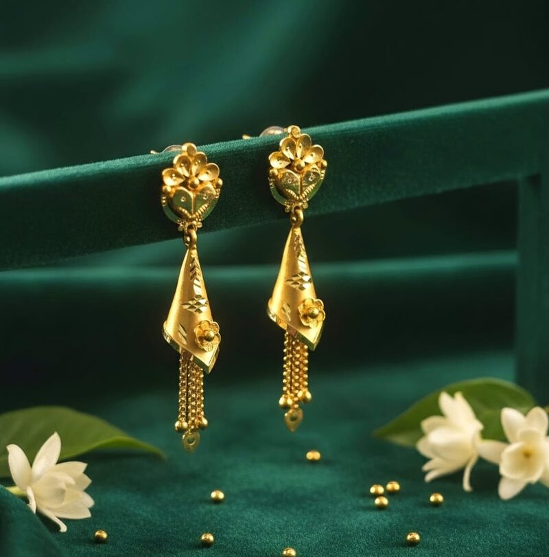 Gold earrings with floral stud, cone drop and chain tassel
