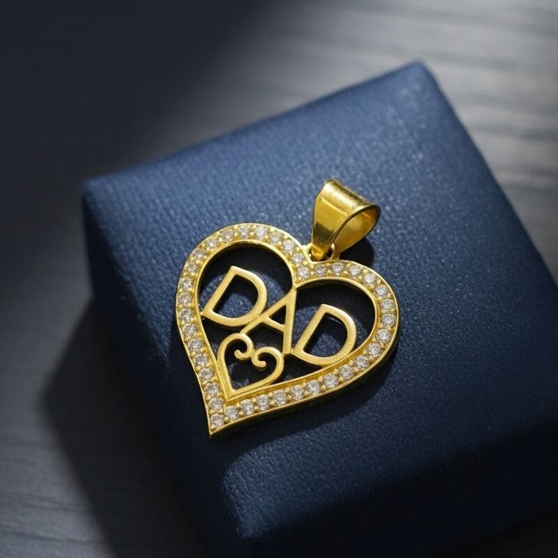 Gold DAD heart pendant with CZ border
