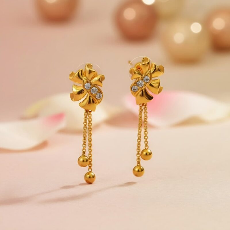 Gold flower studs with CZ petals and chain-ball drops