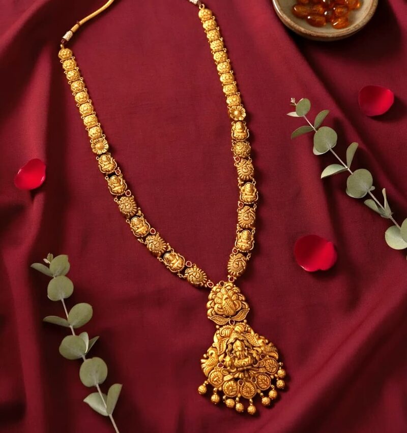 Gold haram with temple pendant and bead drop