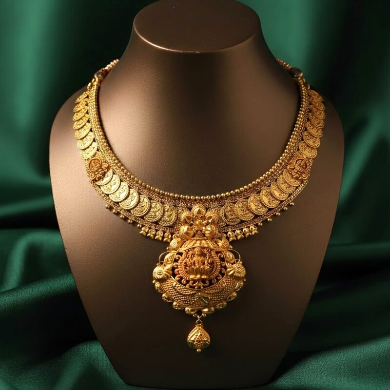 Gold kasu coin collar necklace with Lakshmi pendant