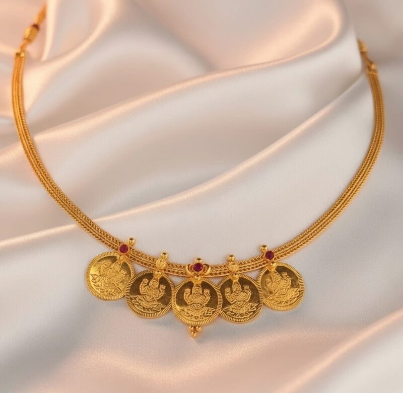 Gold kasu necklace with five Lakshmi coin pendants and ruby centre