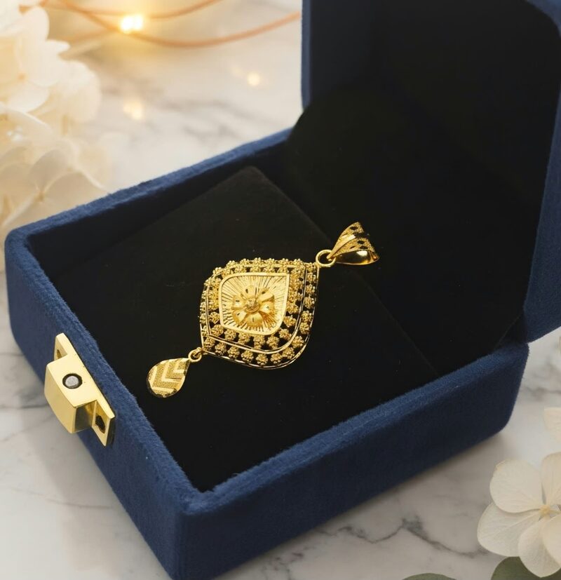 Gold kite-shaped pendant with CZ border and drop
