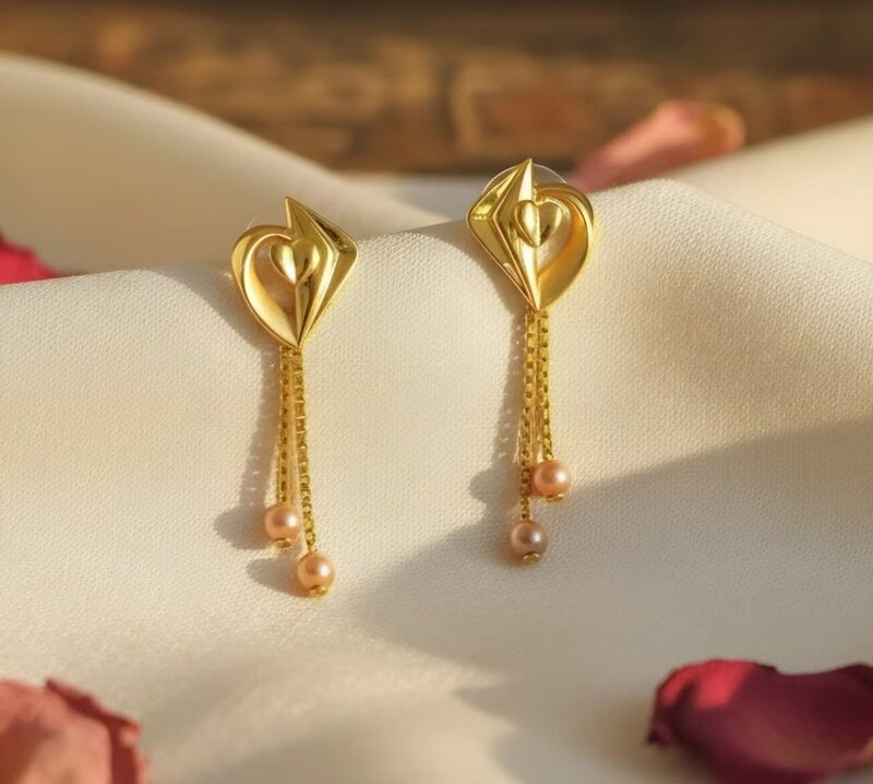 Gold lily earrings with twin chain drops and pearl tips