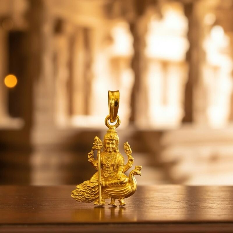 Gold Murugan pendant with peacock base