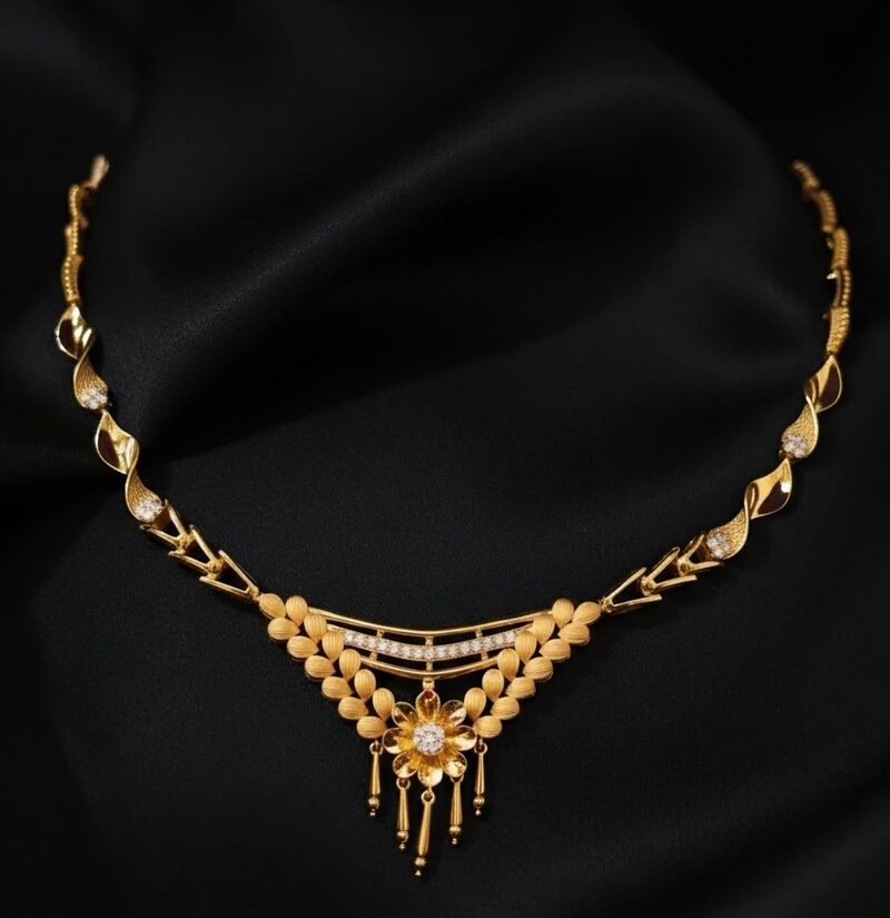 Gold bead necklace with CZ bar and tassel drop