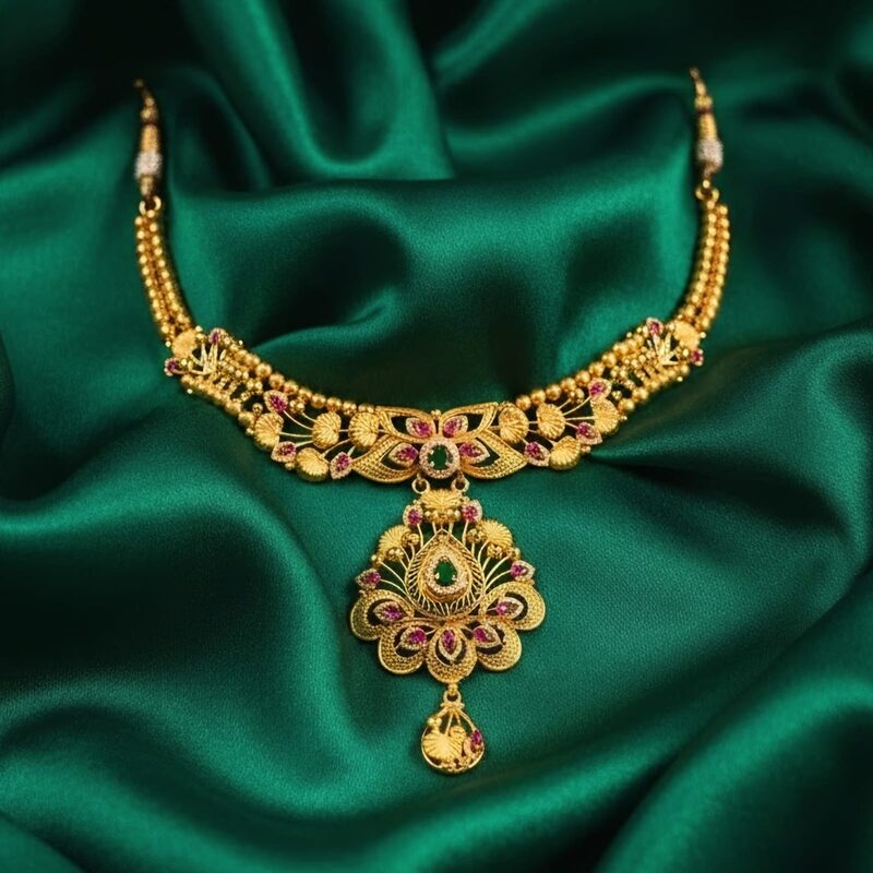 Gold necklace with multi-stone peacock pendant