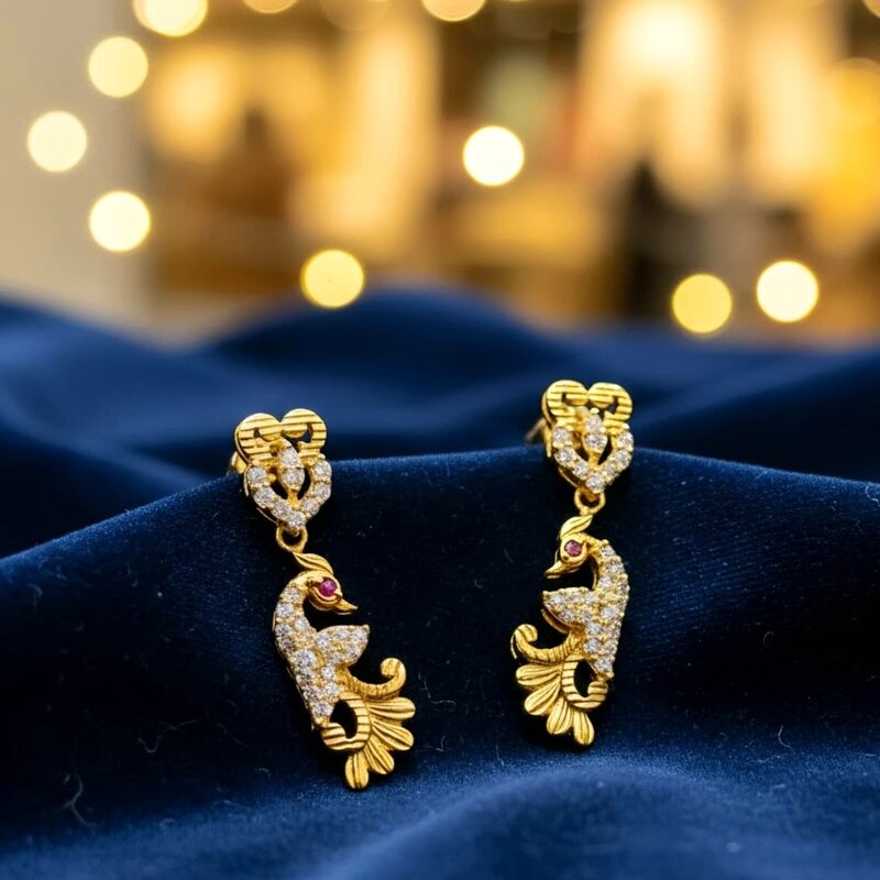 Gold peacock drop earrings with cubic zirconia