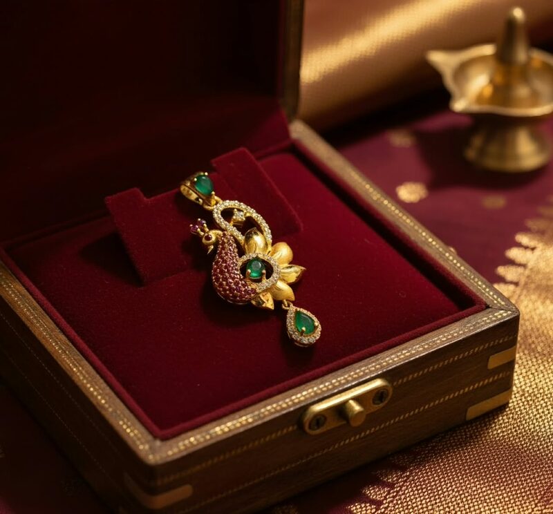 Antique-style gold peacock pendant with green stones