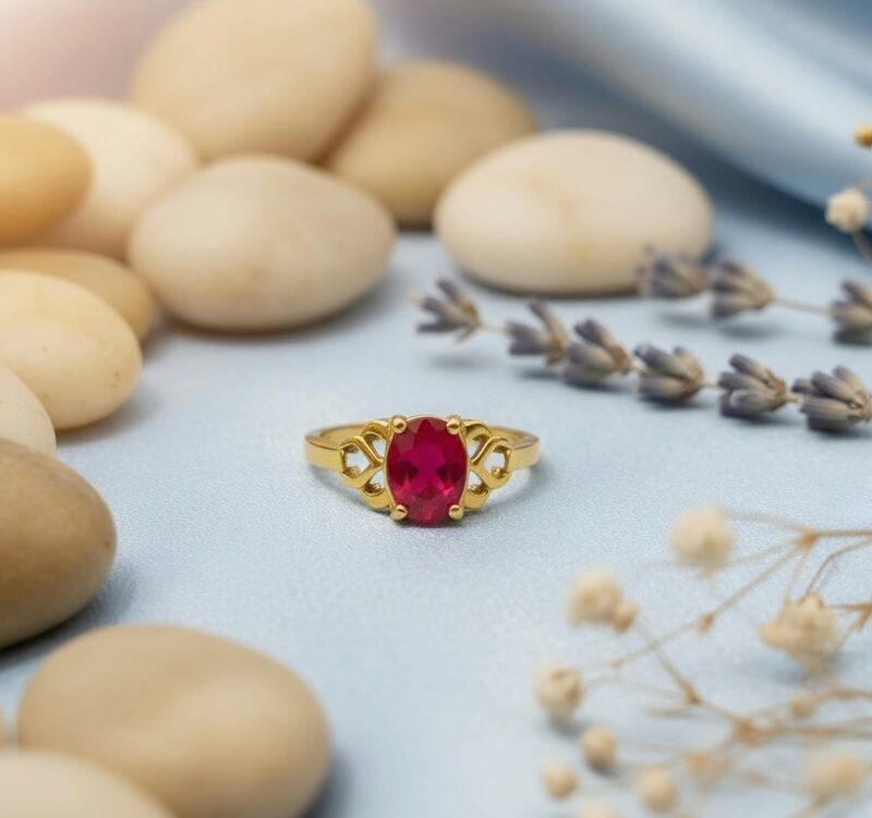 Gold ring with oval ruby and leaf shoulders