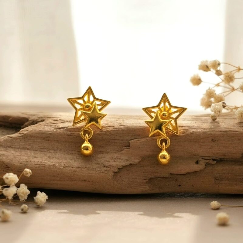 Gold star-shaped stud earrings with bead drop